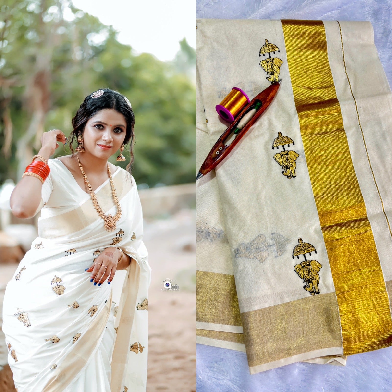 Elephant with umbrella embro cotton saree