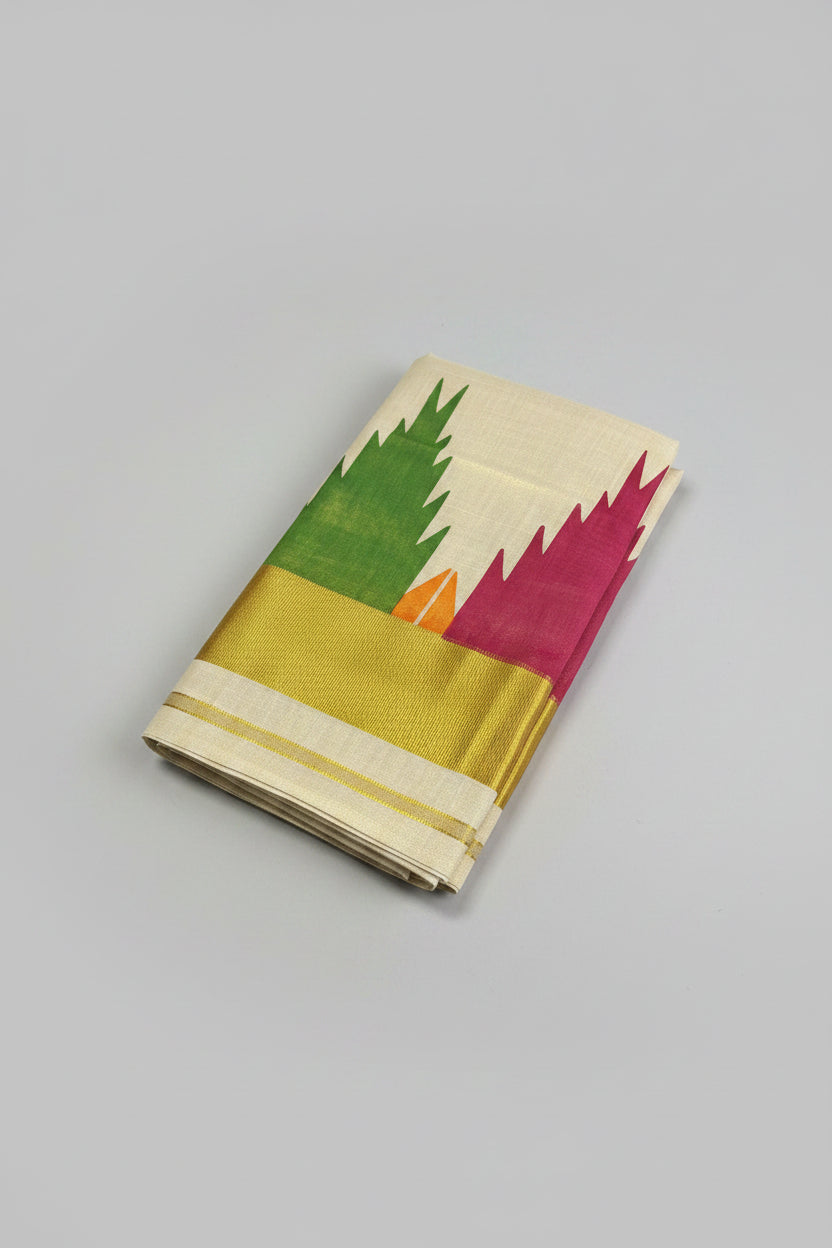 Multi colour temple golden tissue saree