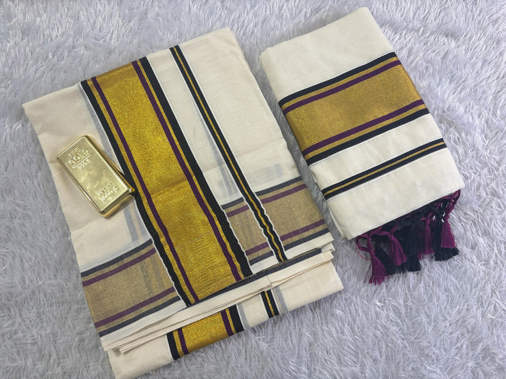 Cotton double colour set mundu with tussels