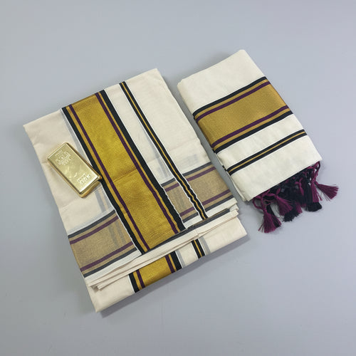 Cotton Double Color Set Mundu With Tussels