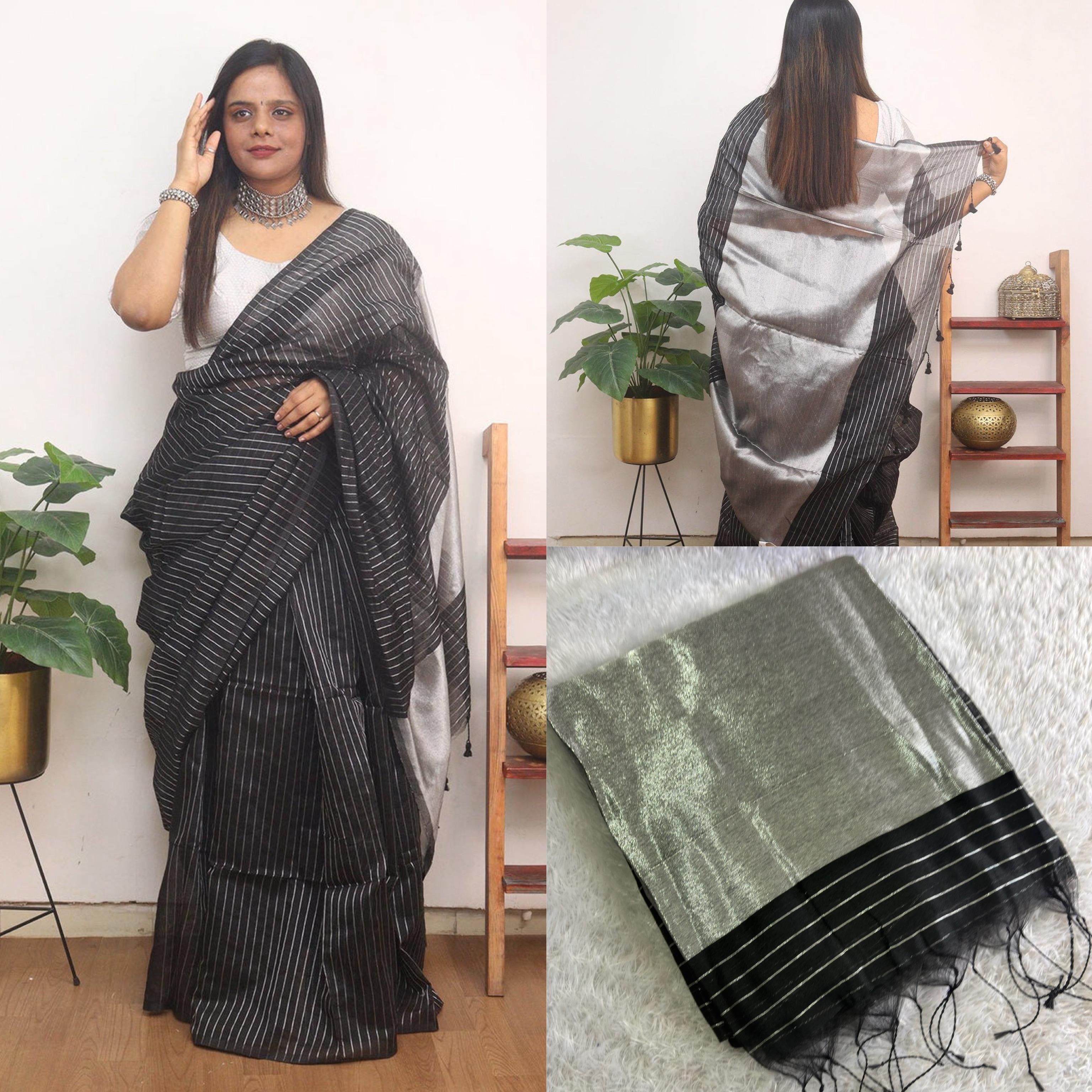 Cotton silk silver saree