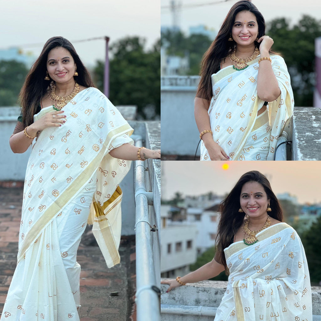 Tamil letter embroidered cotton saree with fully blouse embroidered