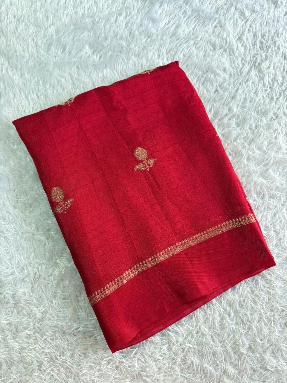 Green flower Embro Golden Tissue Saree with Tussles