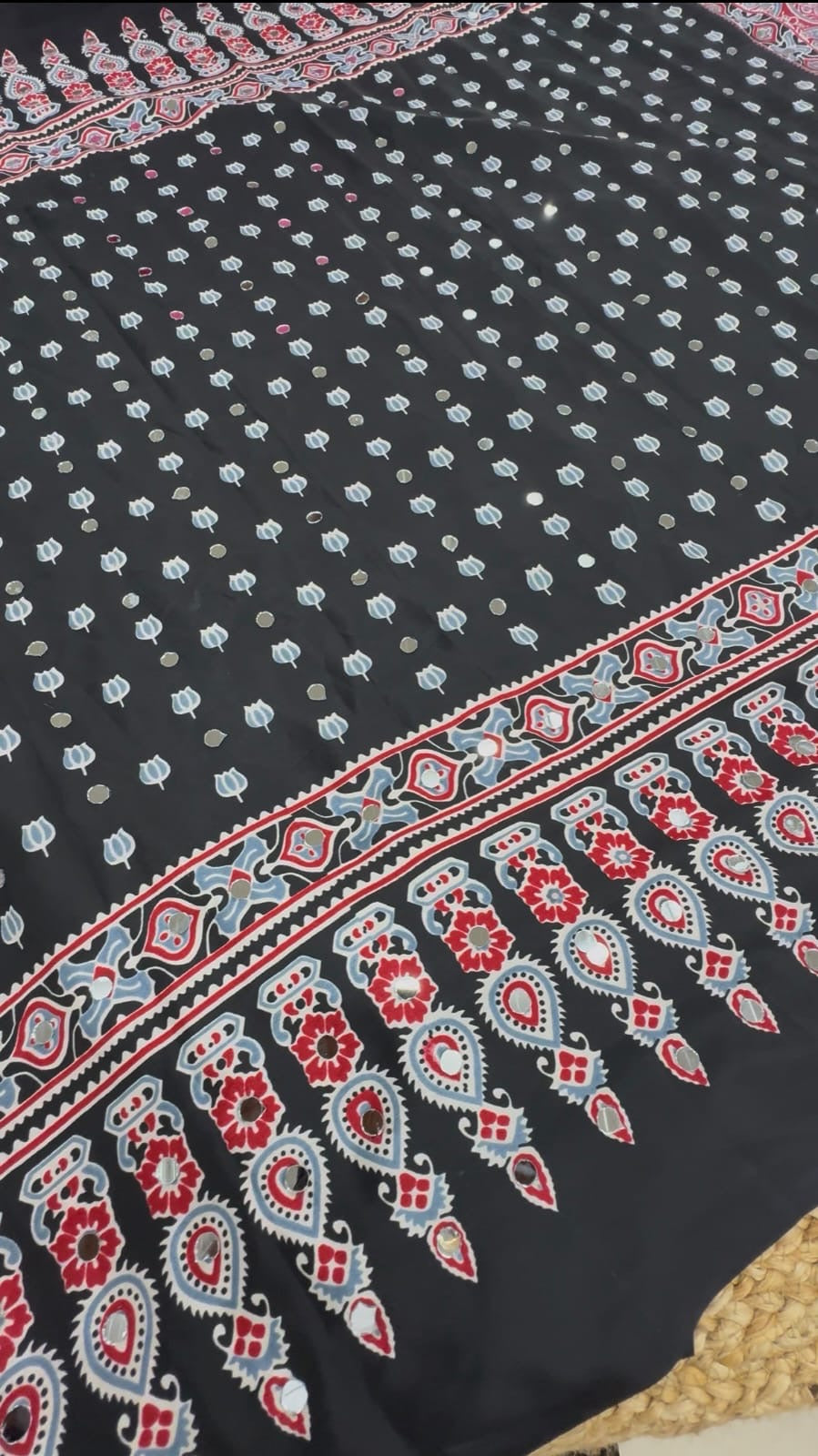 Mirror Ajrakh semi model silk saree