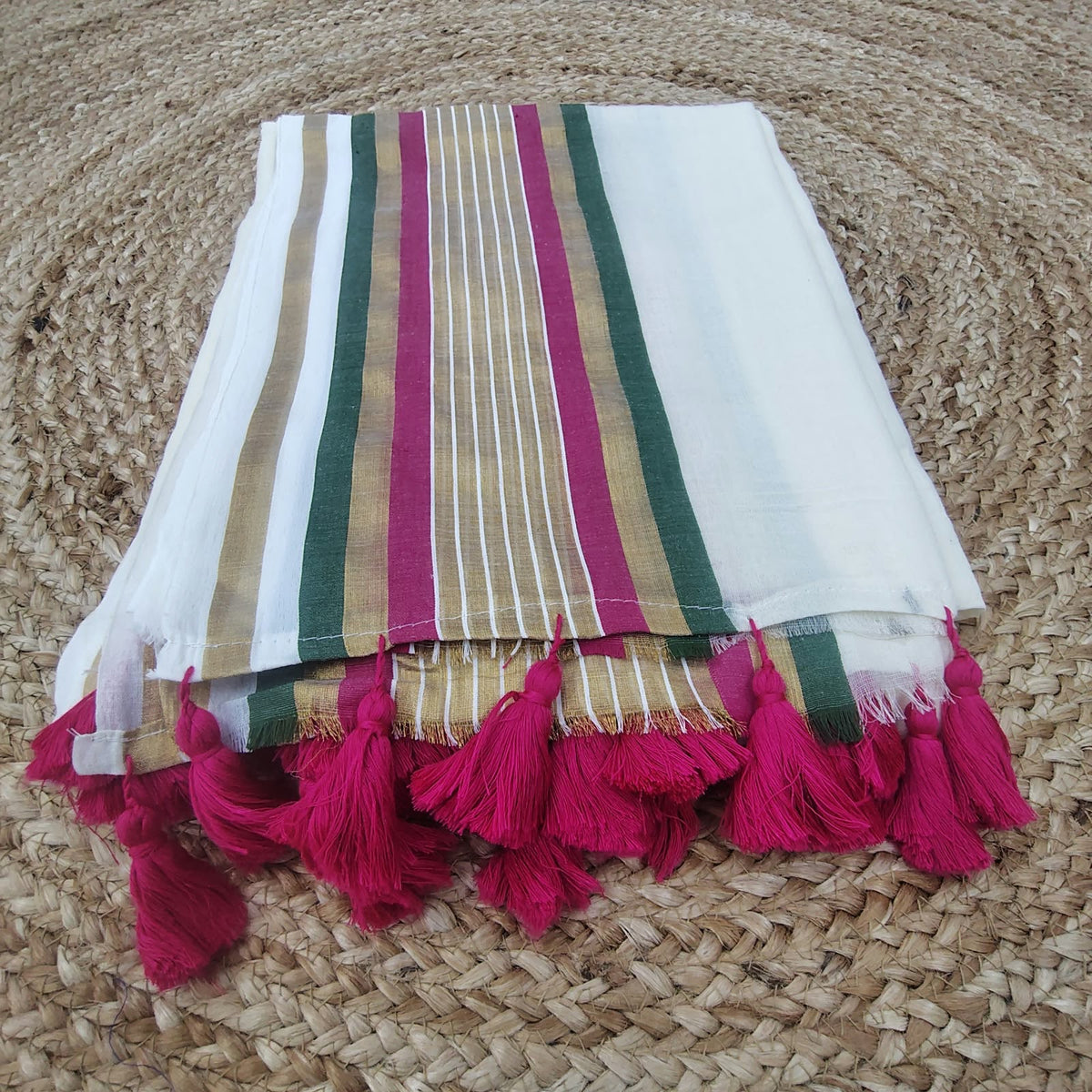 Pink and green mul saree