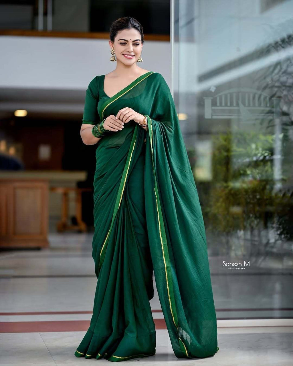 Bottle Green Mul Mul Saree