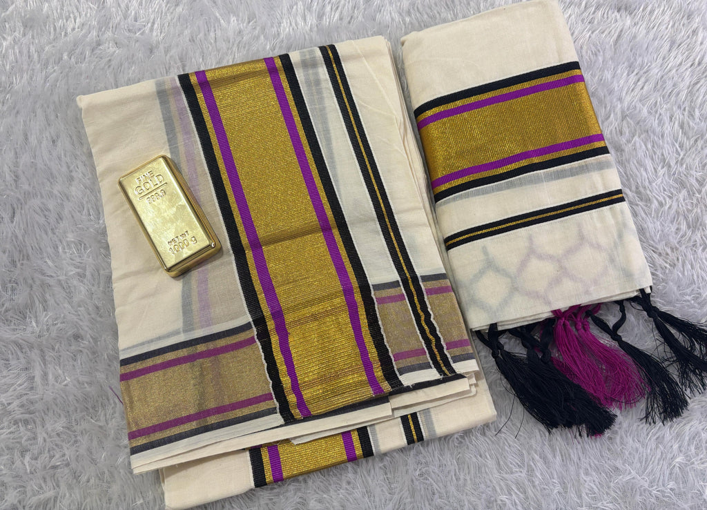 Cotton double colour set mundu with tussels