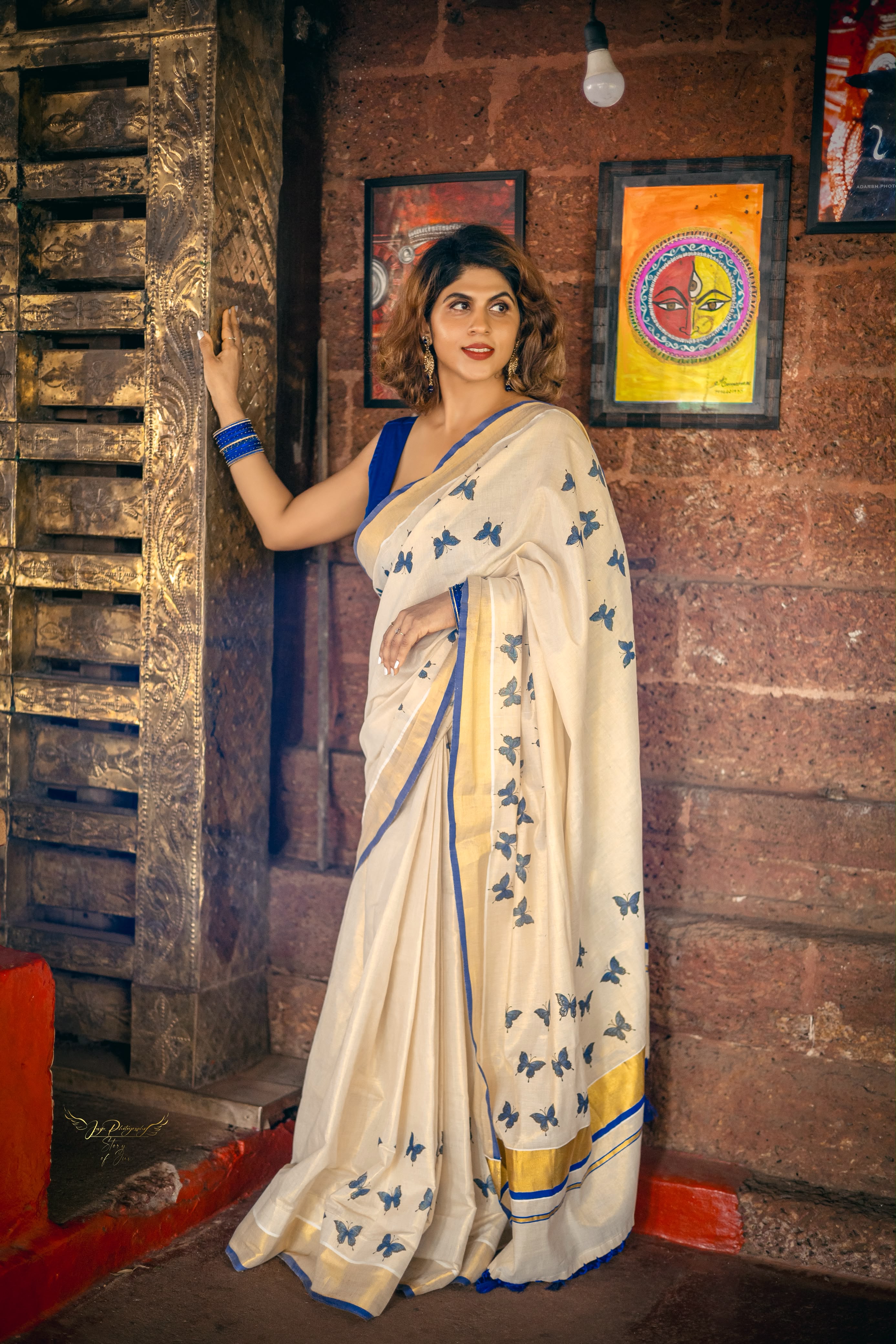 Golden Tissue Printed Saree(Butterfly)