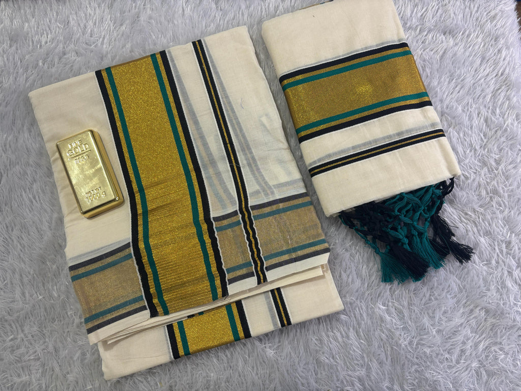 Cotton double colour set mundu with tussels