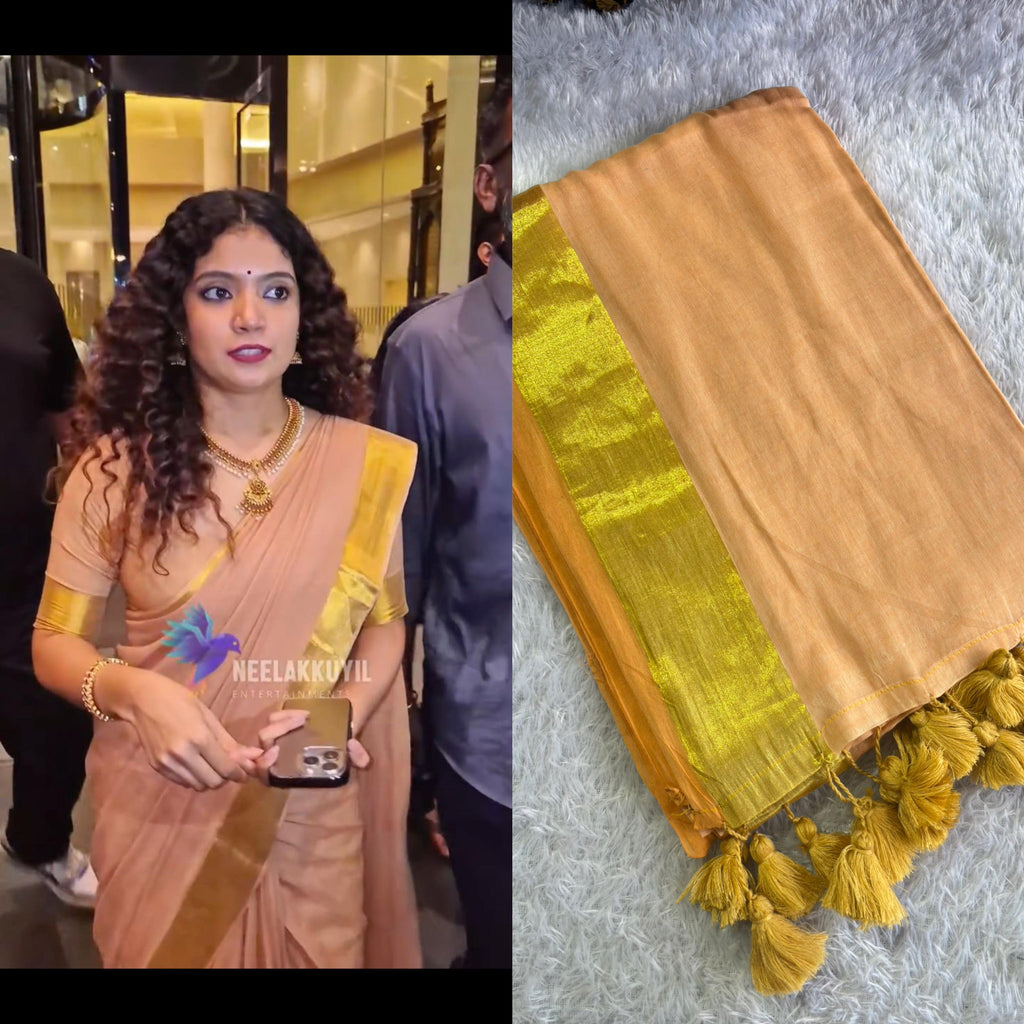 Peach and Gold border Mul cotton saree(Anna Ben inspired)