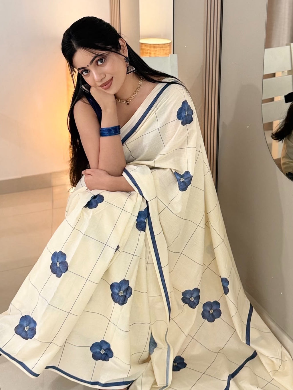 Pure Cotton Digital Printed(Indigo Bloom Checks)