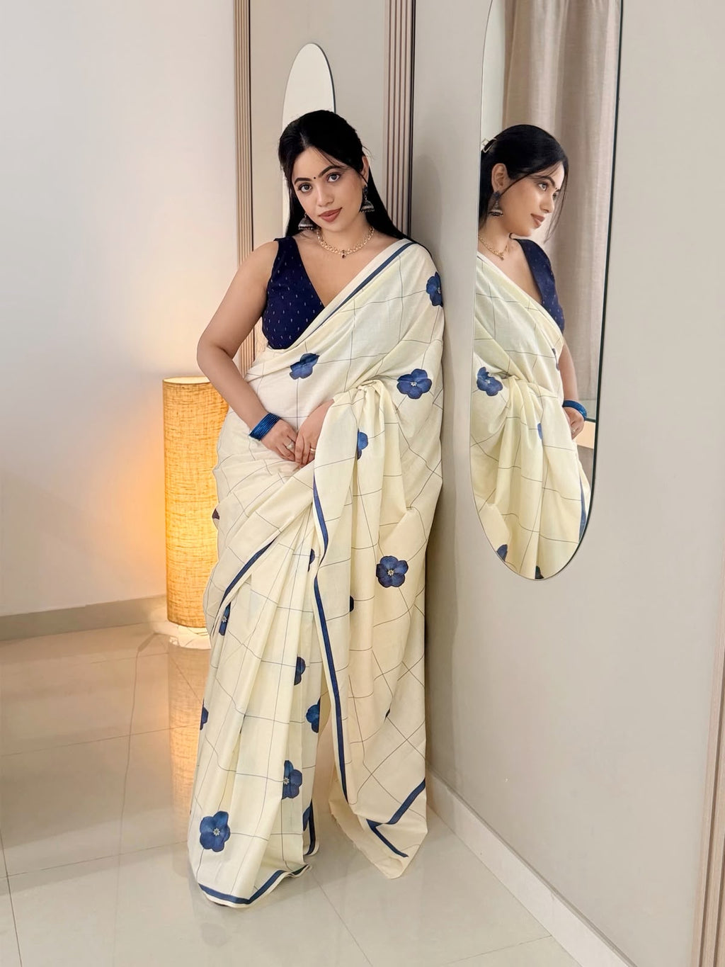 Pure Cotton Digital Printed(Indigo Bloom Checks)