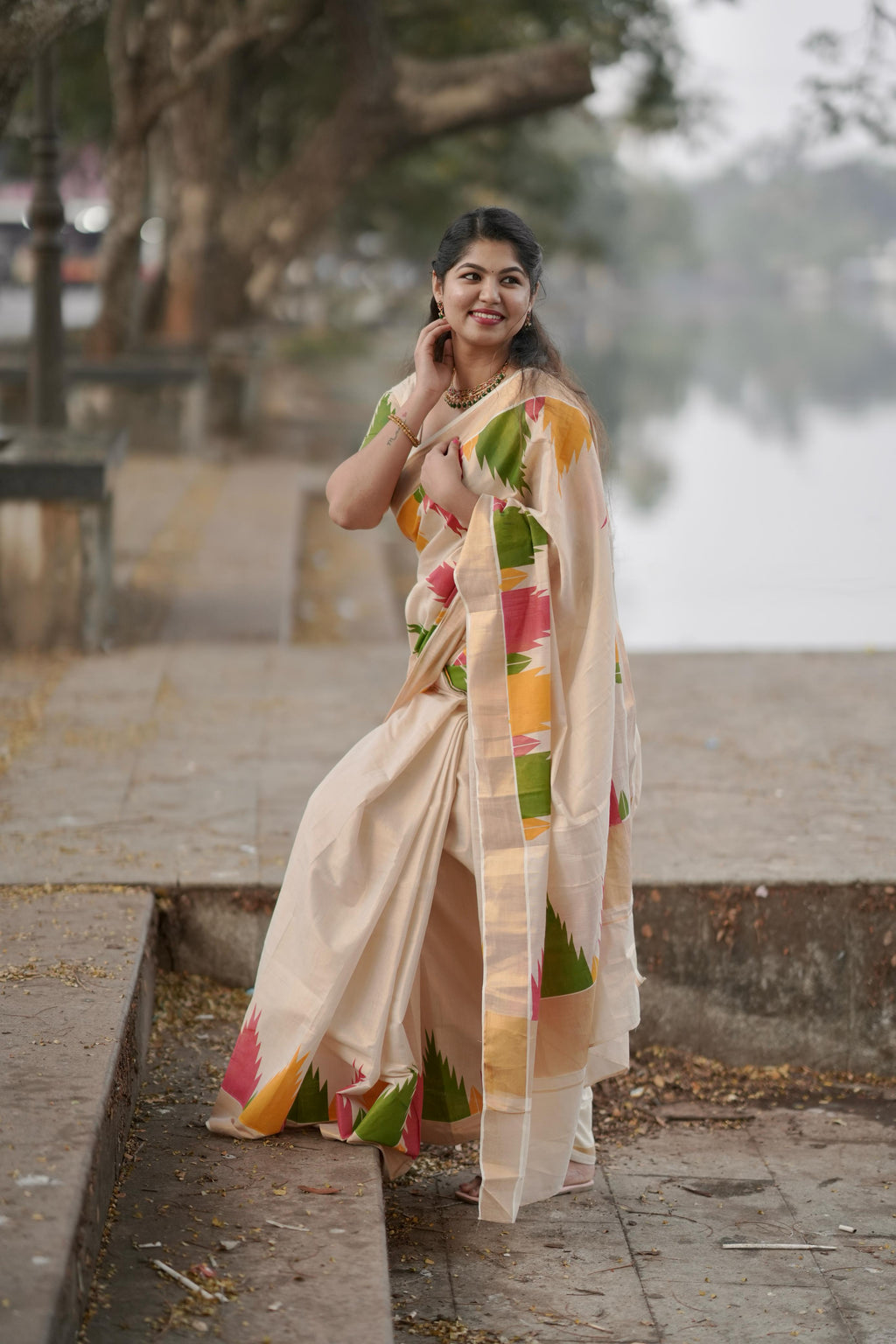 Multi colour temple golden tissue saree(Gopuram)