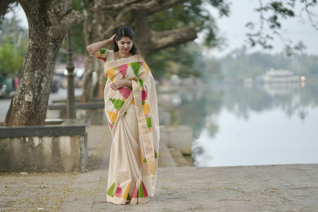 Multi colour temple golden tissue saree(Gopuram)