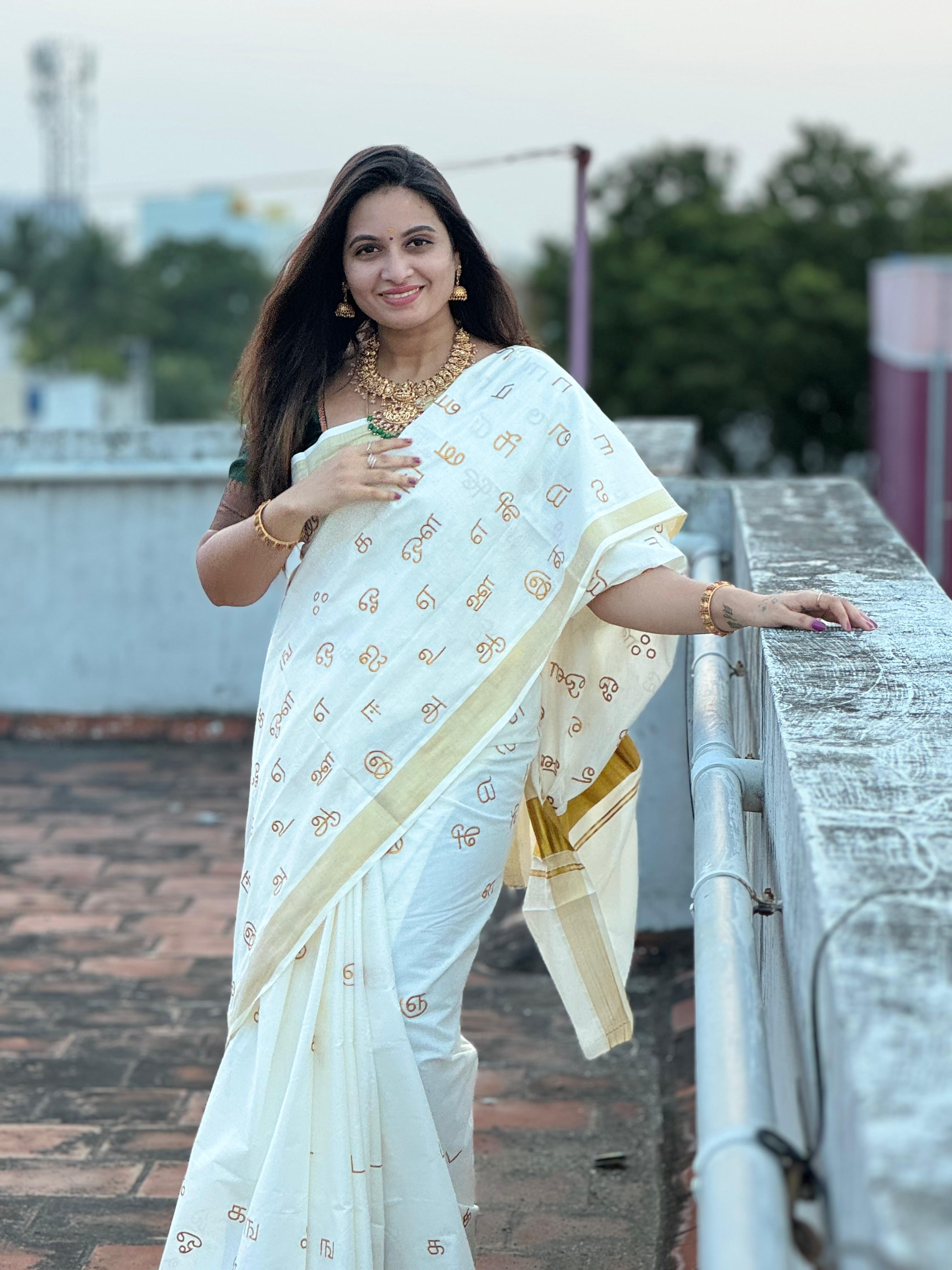 Tamil letter embroidered cotton saree with fully blouse embroidered