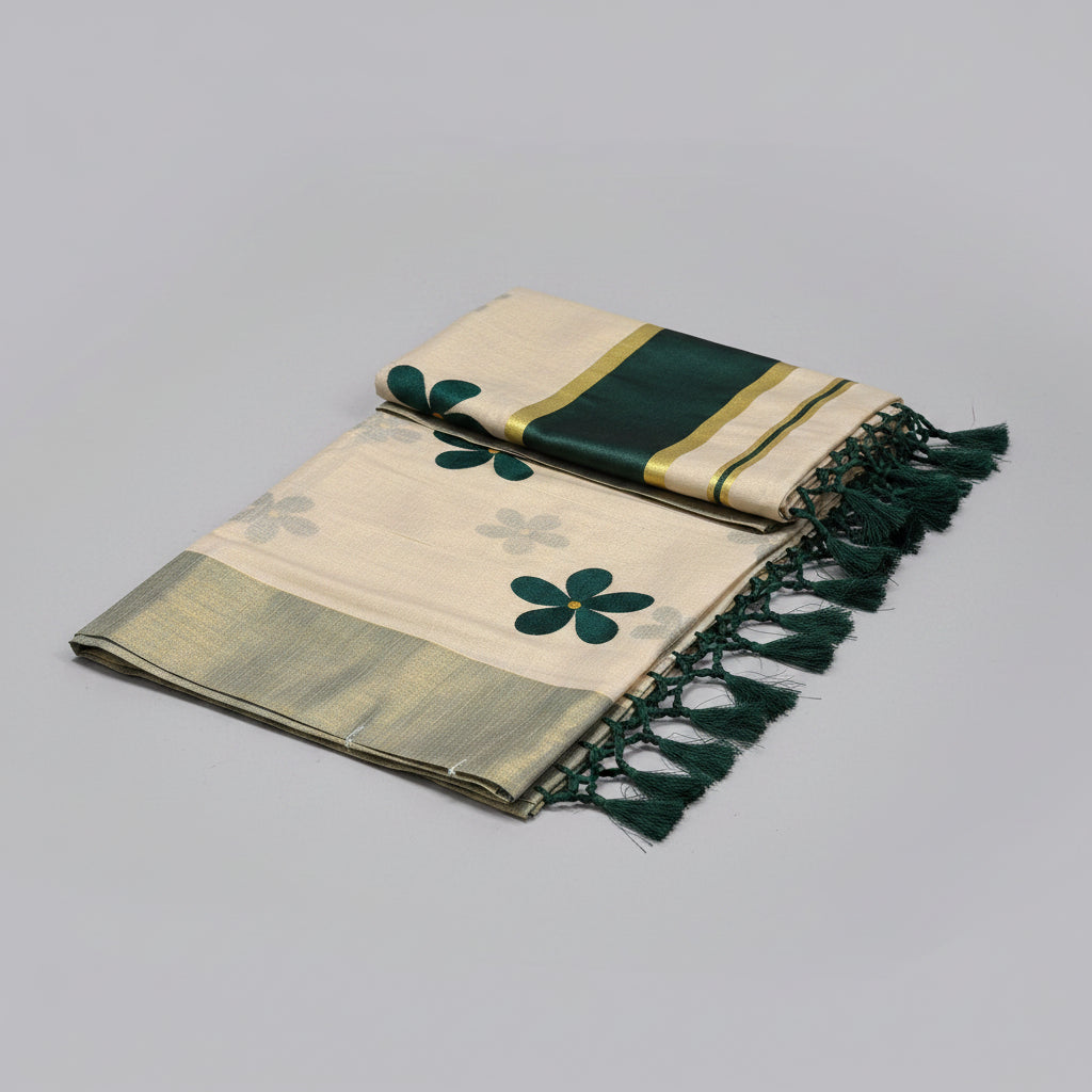 Green Flower Embro Golden Tissue Saree with Tussles