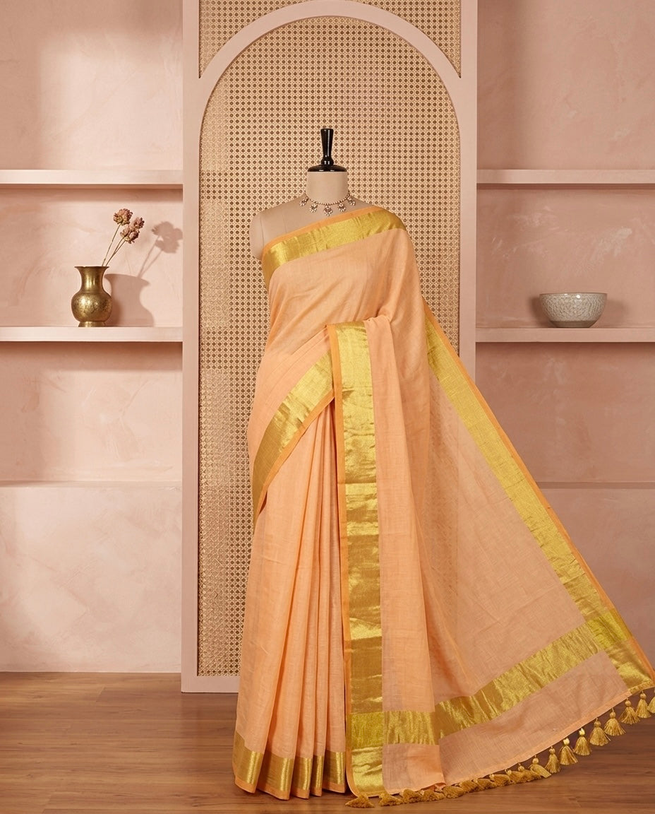 Peach and Gold Border Mul Cotton Saree(Anna Ben inspired)